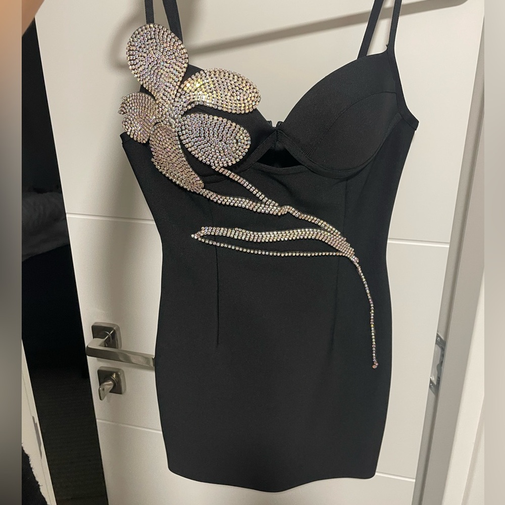 OPEME Black Mini Spaghetti Strap Rhinestone Flower Dress ZCRAVE